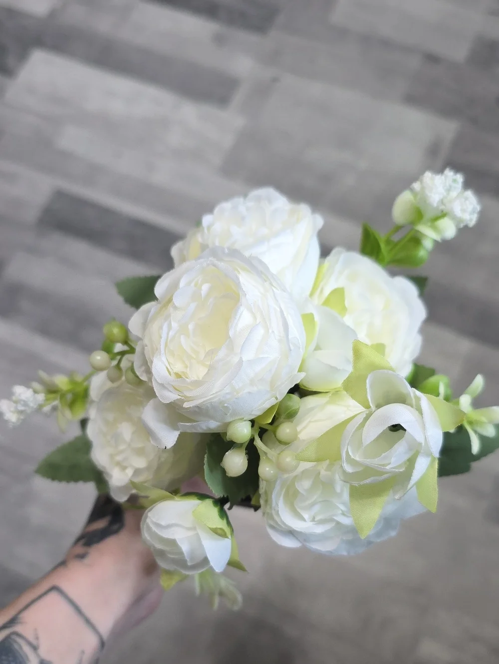 White and Green Faux Peony Bouquet in Black Vase